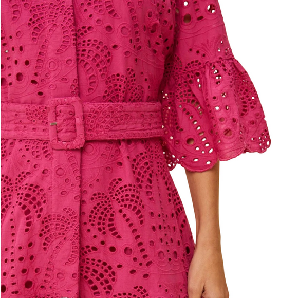 NWT FARM RIO PINK PALM TREE Print Fuchsia Eyelet Ruffle Lace Boho Mini Dress - Picture 4 of 11